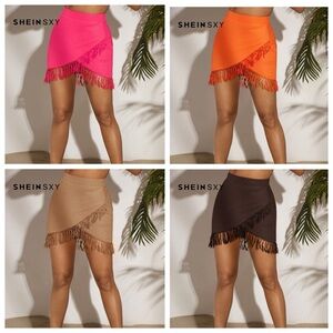 SHEIN Fringe Wrap Mini Skirt in Pink, Orange, Tan, Brown